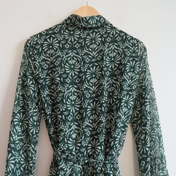 ZARA Sheer Leaf Print Belted Button Front Dress in Forest Green Boho - Size S - Picture 14 of 16